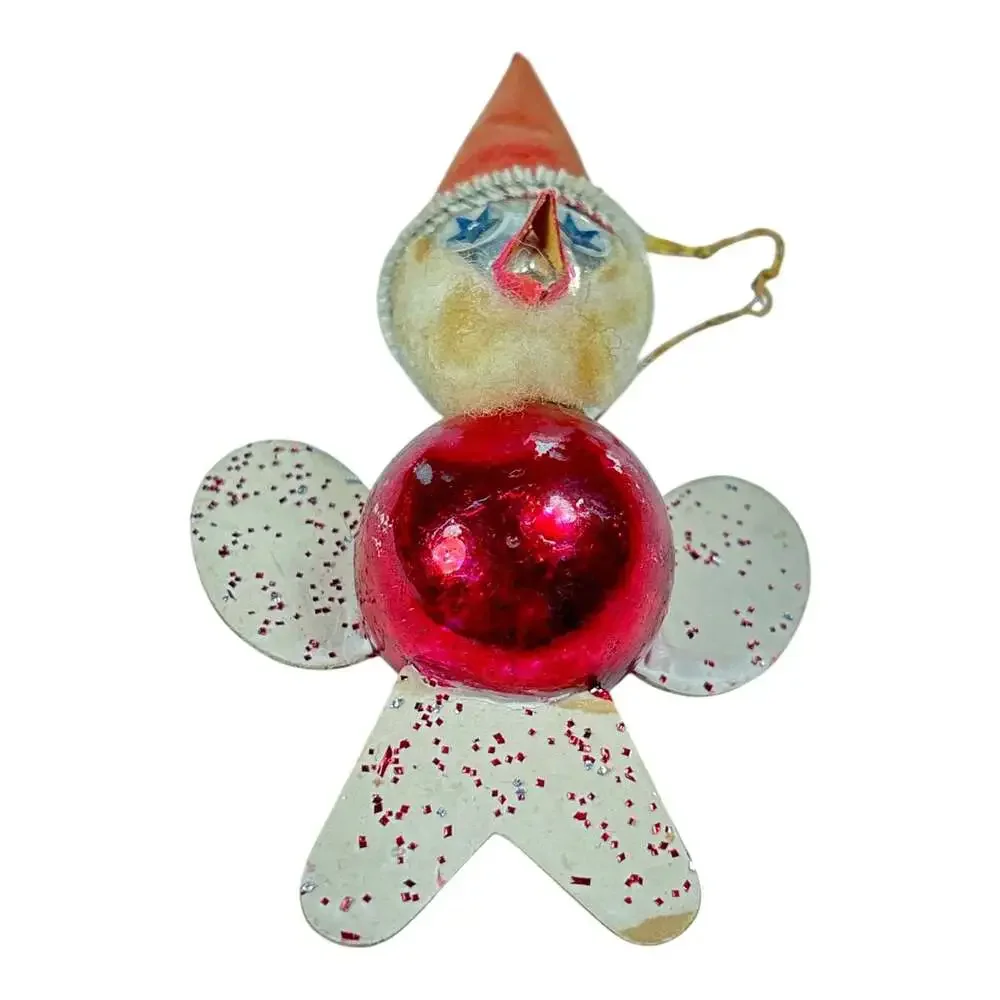 Vintage 40s Mercury Glass Bird Christmas Ornament Cardboard Wings & Flocked Hat